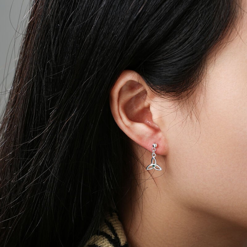 Gr&aacute; Collection Trinity Knot Green Stone Earrings Sterling Silver