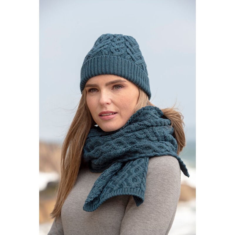 100% Super Soft Merino Wool Heart Designed Hat Scarf Set, Teal Blue Colour