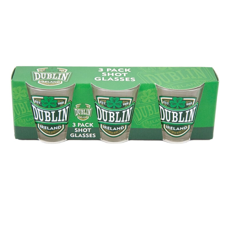3 Pack Shot Glasses With Dublin  Ireland And Green Shamrock Design