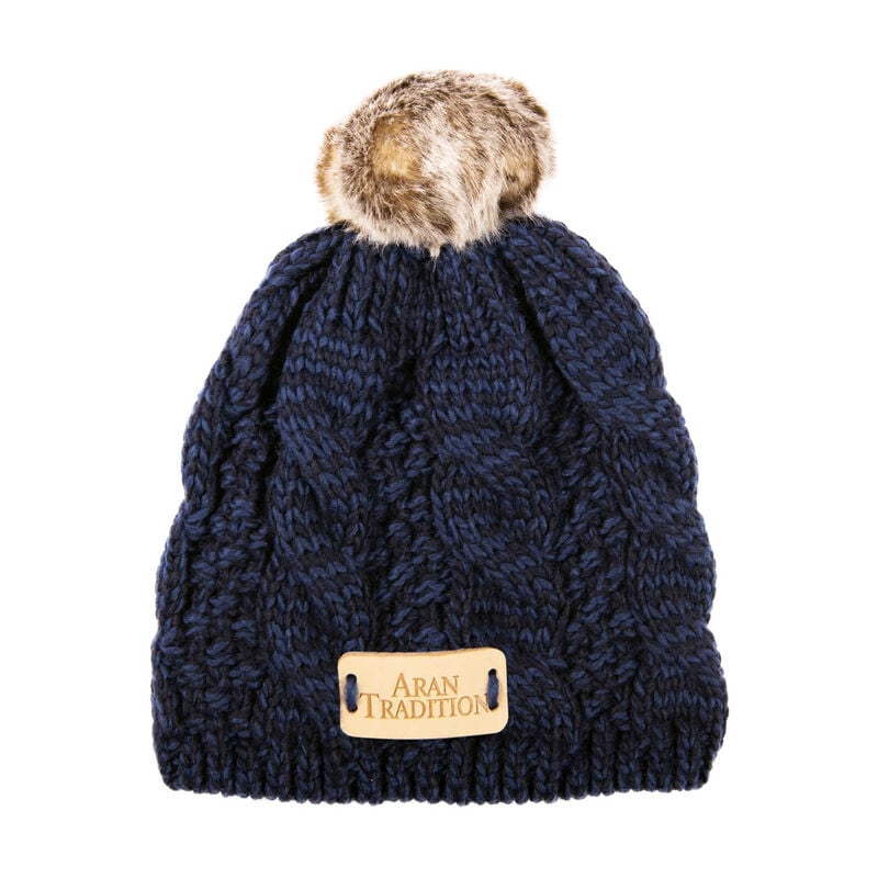 Kids Knit Style Aran Traditions Cable Knit Tammy Bobble Hat, Navy Colour