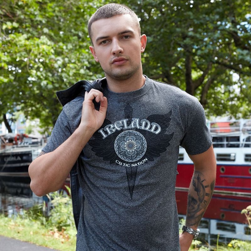 Black Grindle Round Neck T-Shirt With Celtic Nation Dagger Design