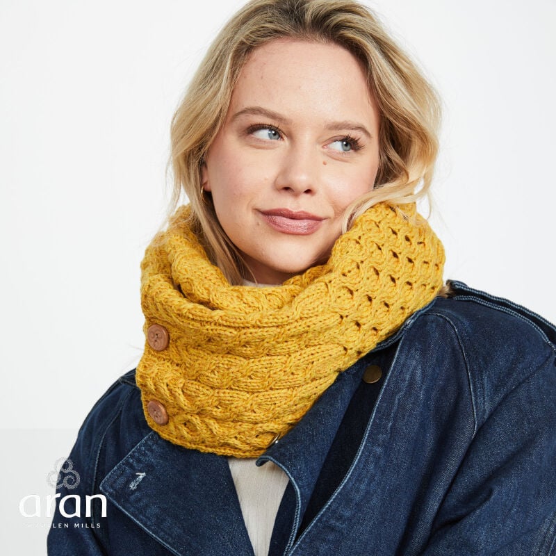 100% Merino Wool Snood Scarf With Four Wooden Buttons Design  Yellow Colour