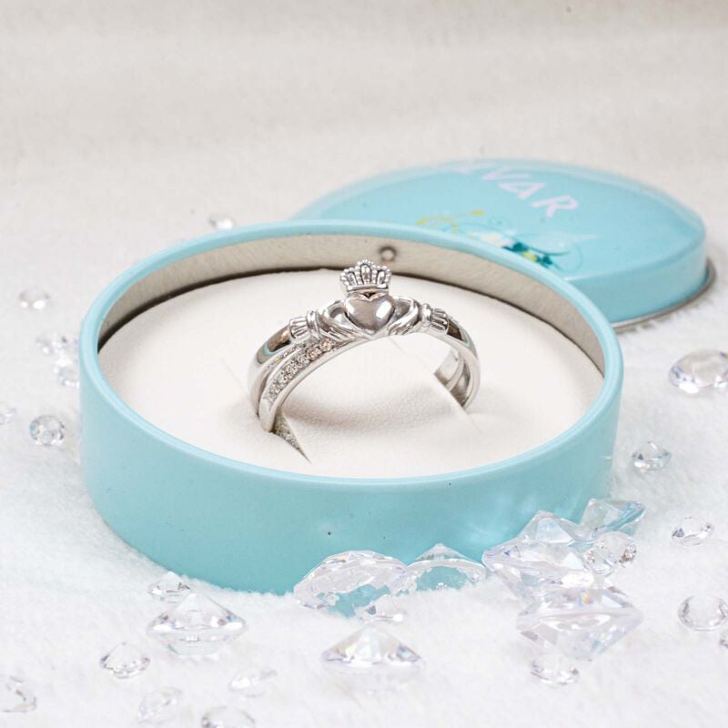 Ladies Hallmarked Sterling Silver Claddagh Cross Ring With Clear Crystals