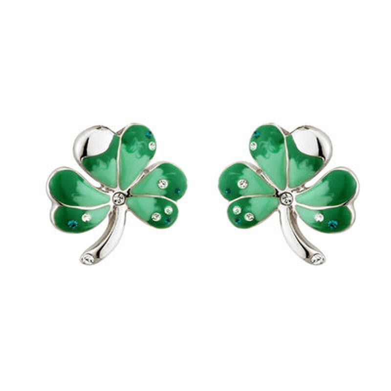 Rhodium Plated Trinity Knot Stud Earrings With Green Enamel Panels
