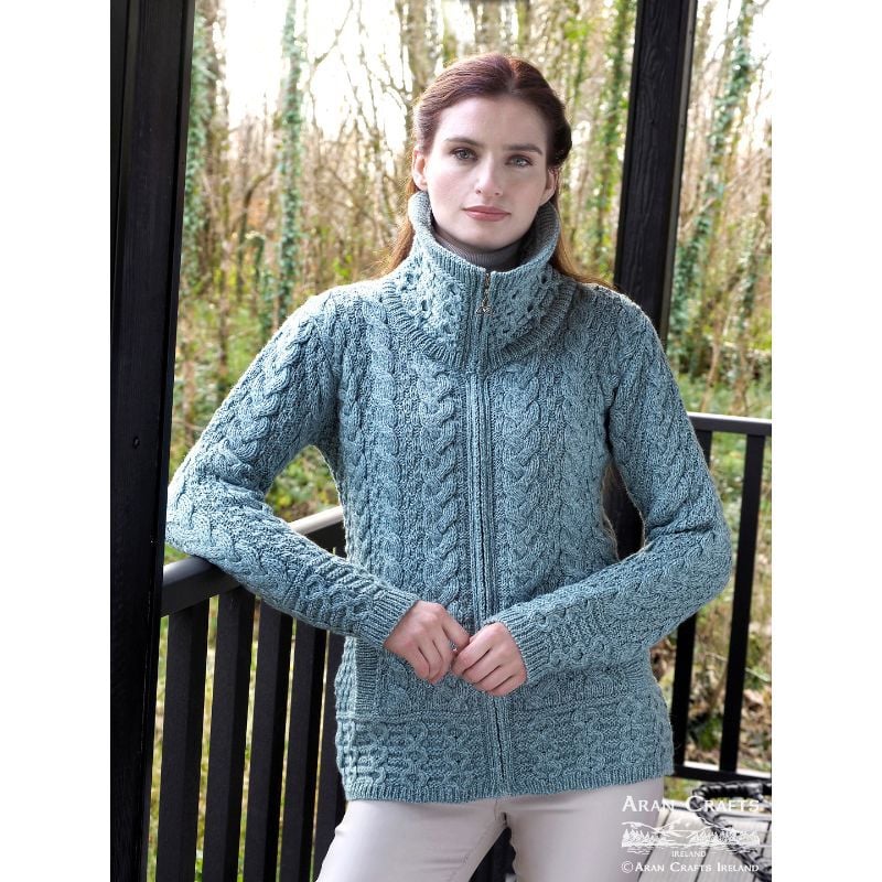 Aran Crafts Ladies Double Collar Zip Cardigan Mermaid Blue
