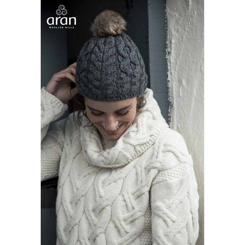 Aran Knitted Charcoal and Faux Fur Bobble Hat