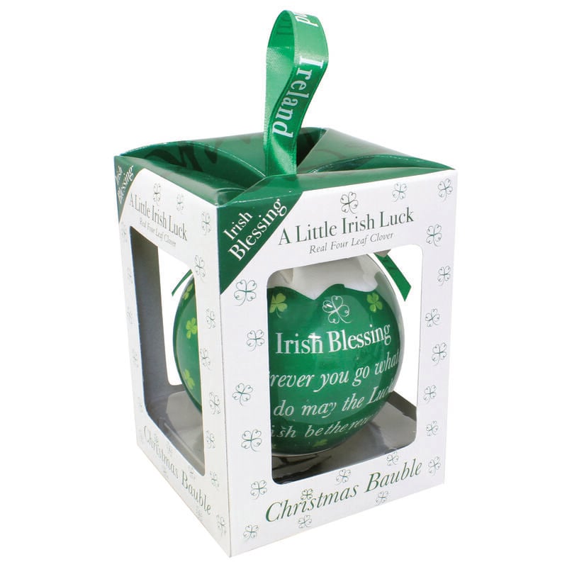 4 Leaf Clover Green Christmas Bauble With Irish Blessing