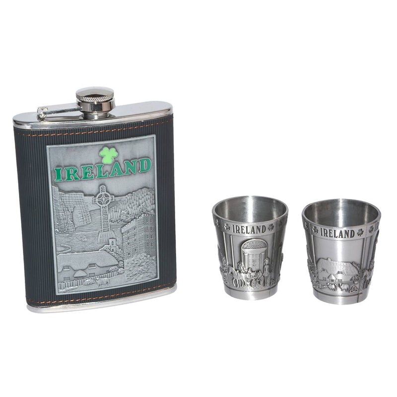 Ireland Collage Stainless Steel Hip Flask Gift Set With Two Shot Glasses