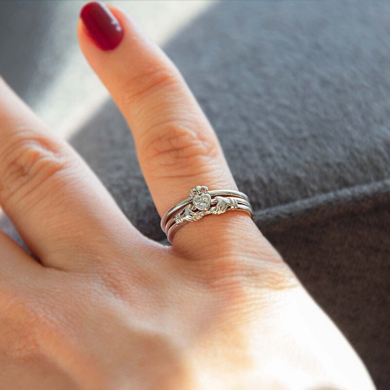 Hallmarked Sterling Silver Three Part Stacking Claddagh Ring With Cubic Zirconia