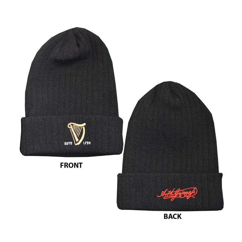 Guinness Knitted Ribbed Turn Up Beanie Hat With Embroidered Guinness Text And Signature