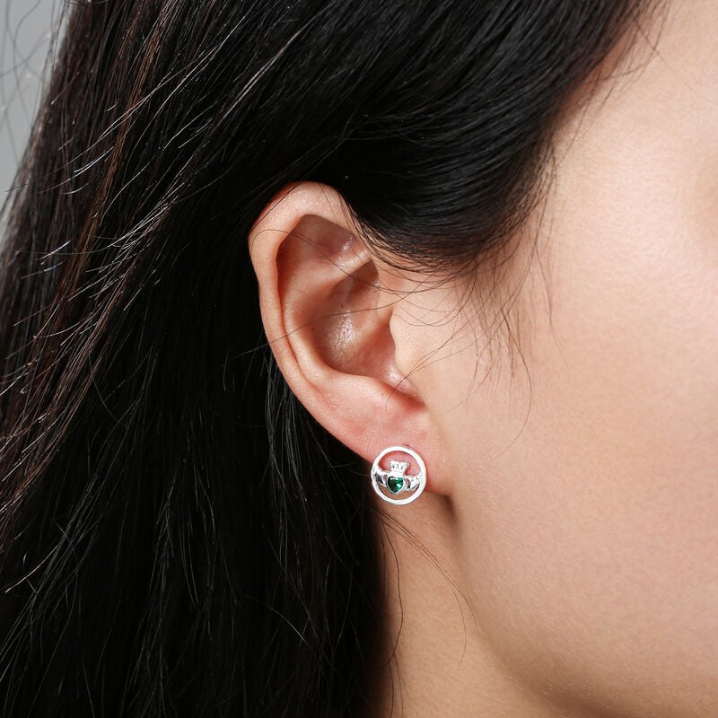 Gr&aacute; Collection Round Claddagh With Stone Earrings Sterling Silver