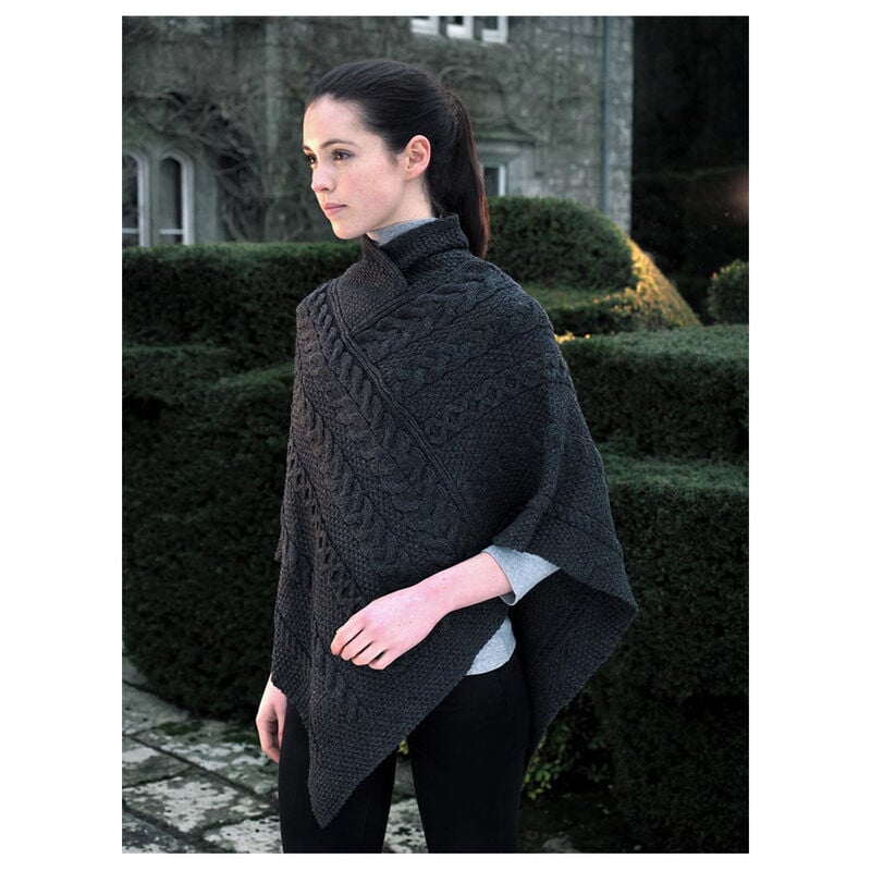 100% Merino Wool Aran & Cable Pattern Poncho, Charcoal Colour