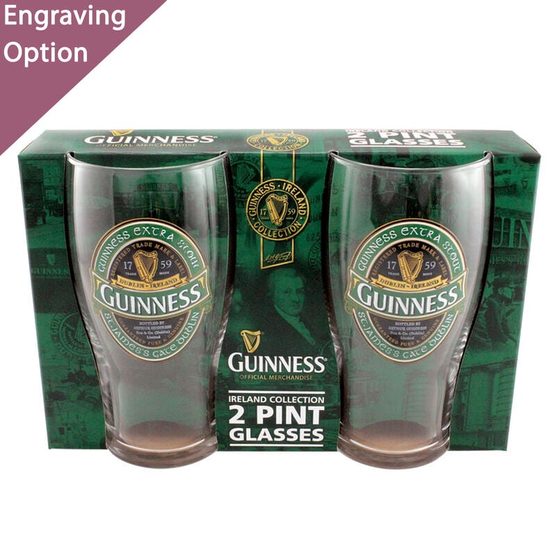 Guinness 2 Pack Of Pint Glasses With Guinness Ireland Label Design