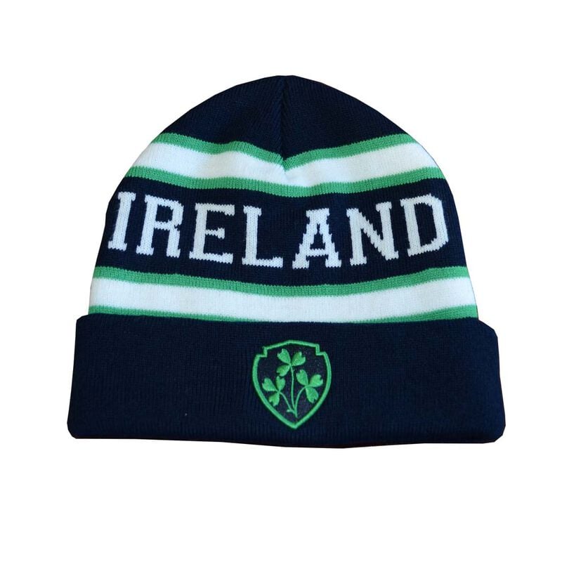 Knitted Navy Beanie Hat With Ireland Lettering And Embroidered Shamrock Crest