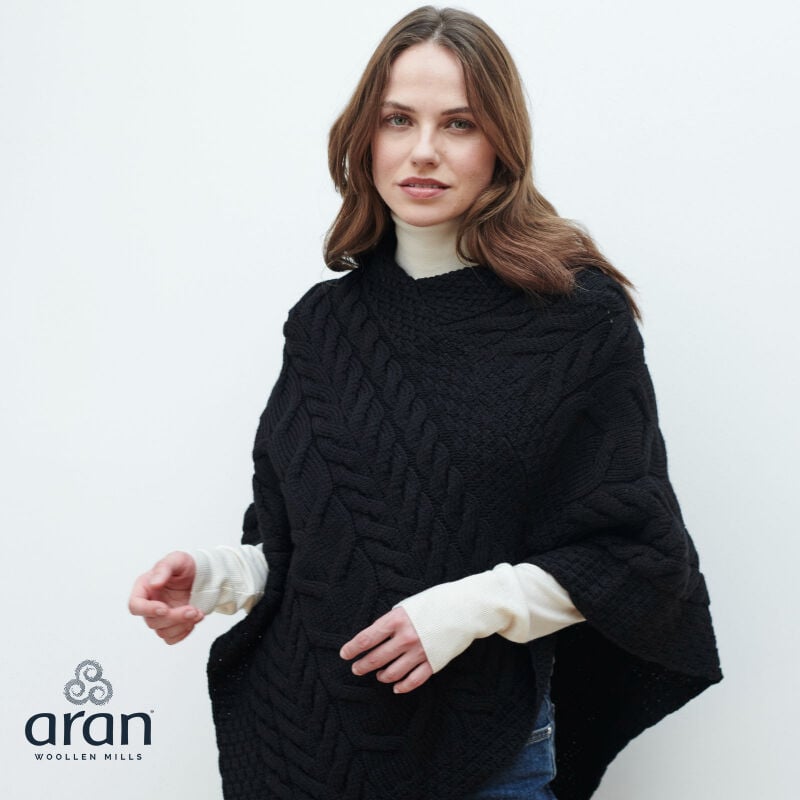 Aran Woollen Mills Triangular Merino Wool Womens Poncho Black