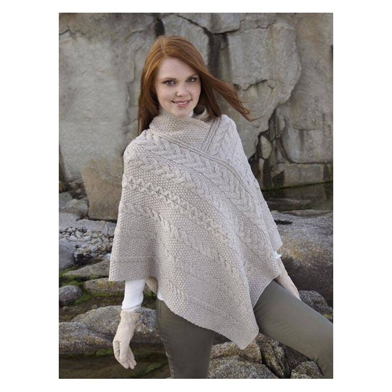 100% Merino Wool Aran & Cable Pattern Poncho, Parsnip Colour