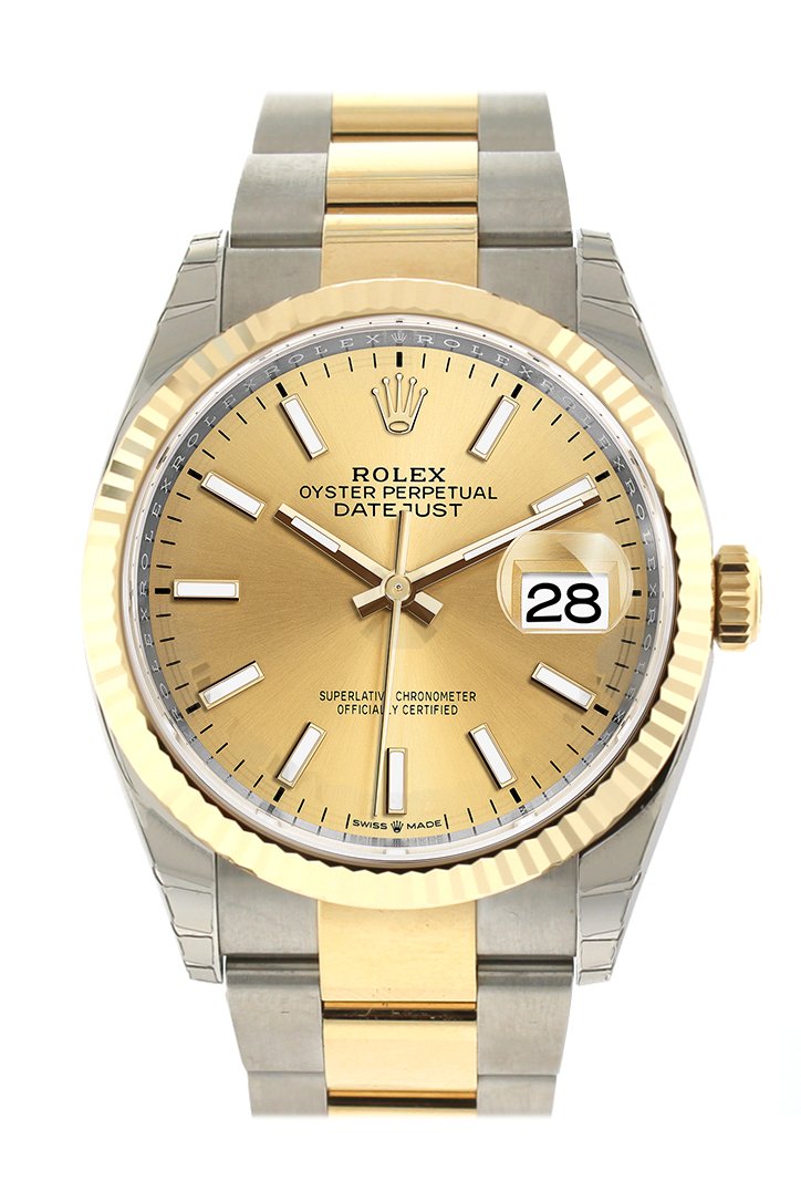 Rolex Datejust 36 Champagne-colour Dial Fluted Bezel Oyster Yellow Gold Two Tone Watch 126233 NP