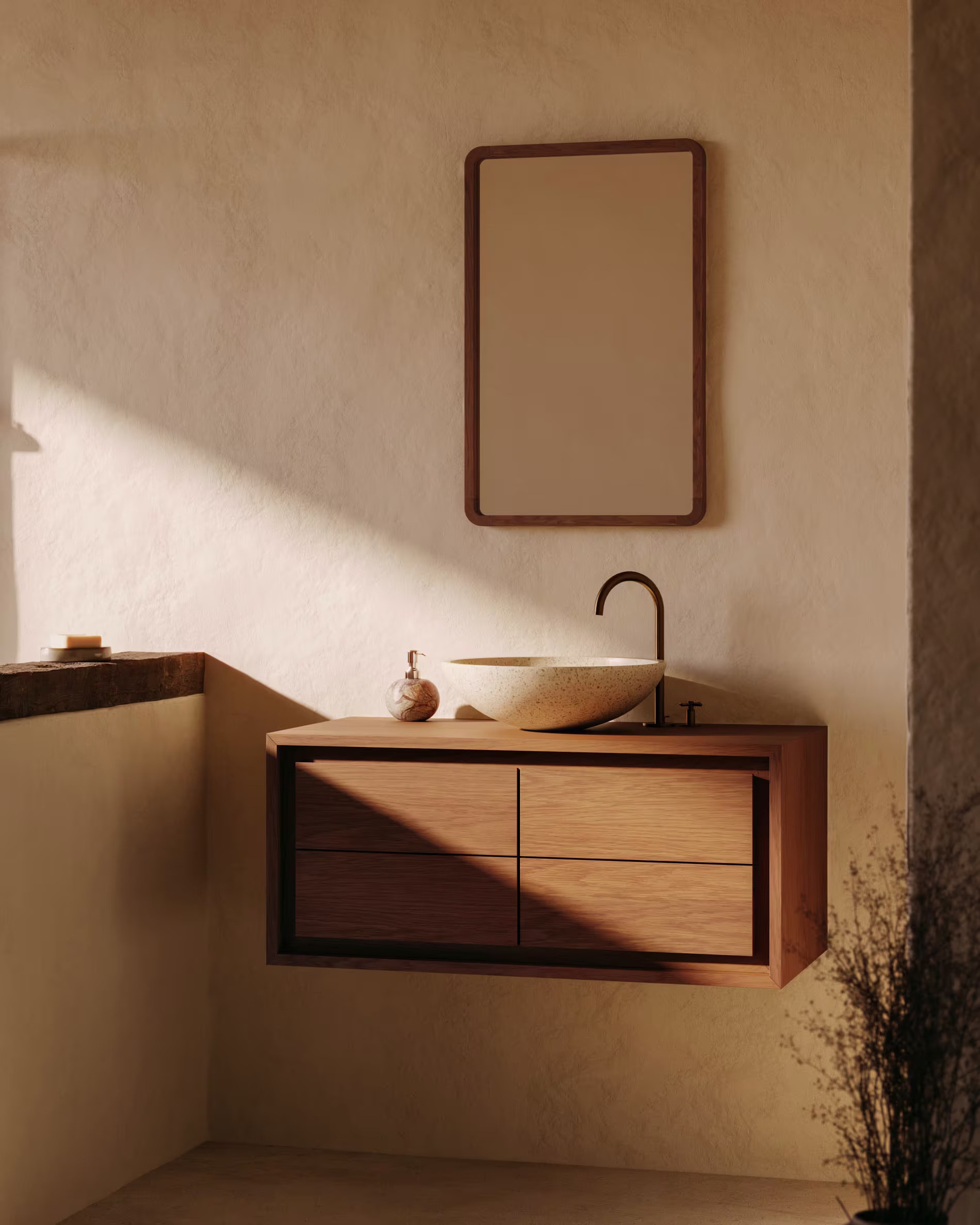 Espejo Shamel de madera maciza de teca con acabado nogal 45 x 70 cm