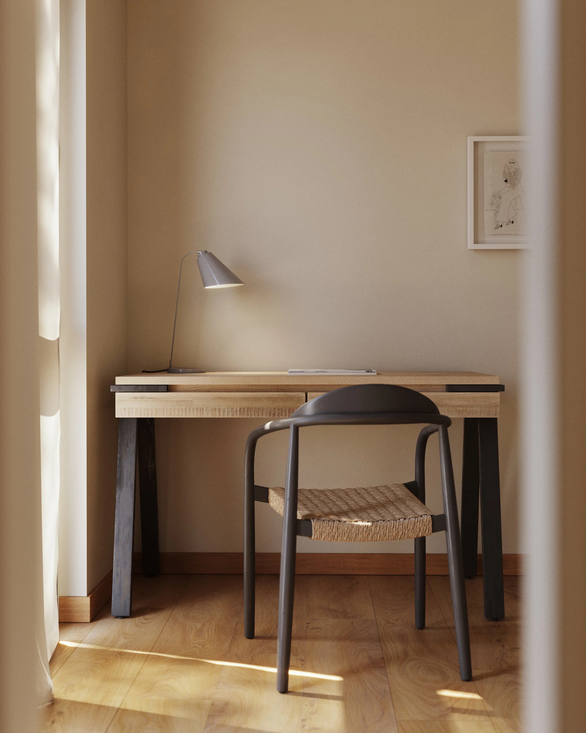 Escritorio Thinh de madera maciza de acacia y patas de acero con acabado negro 125 x 60 cm