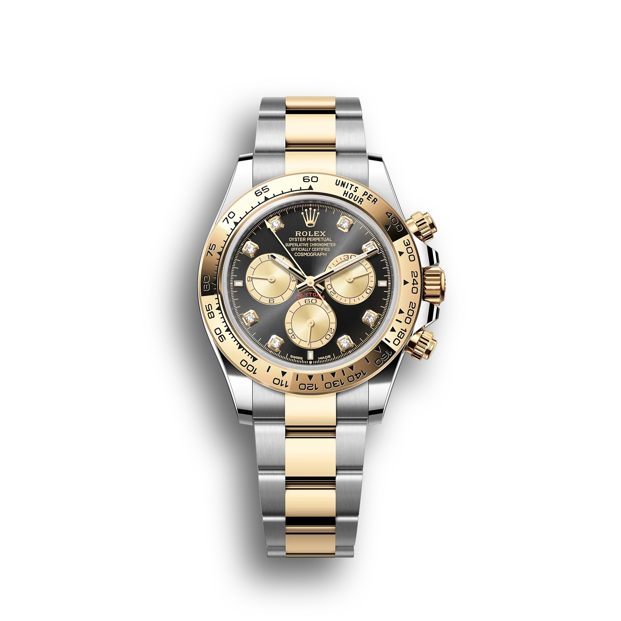 Daytona Cosmograph: Oyster, Yellow gold, bright black and golden, diamond-set dial, Oyster bracelet, yellow gold bezel, engraved tachymetric scale, m126503-0002