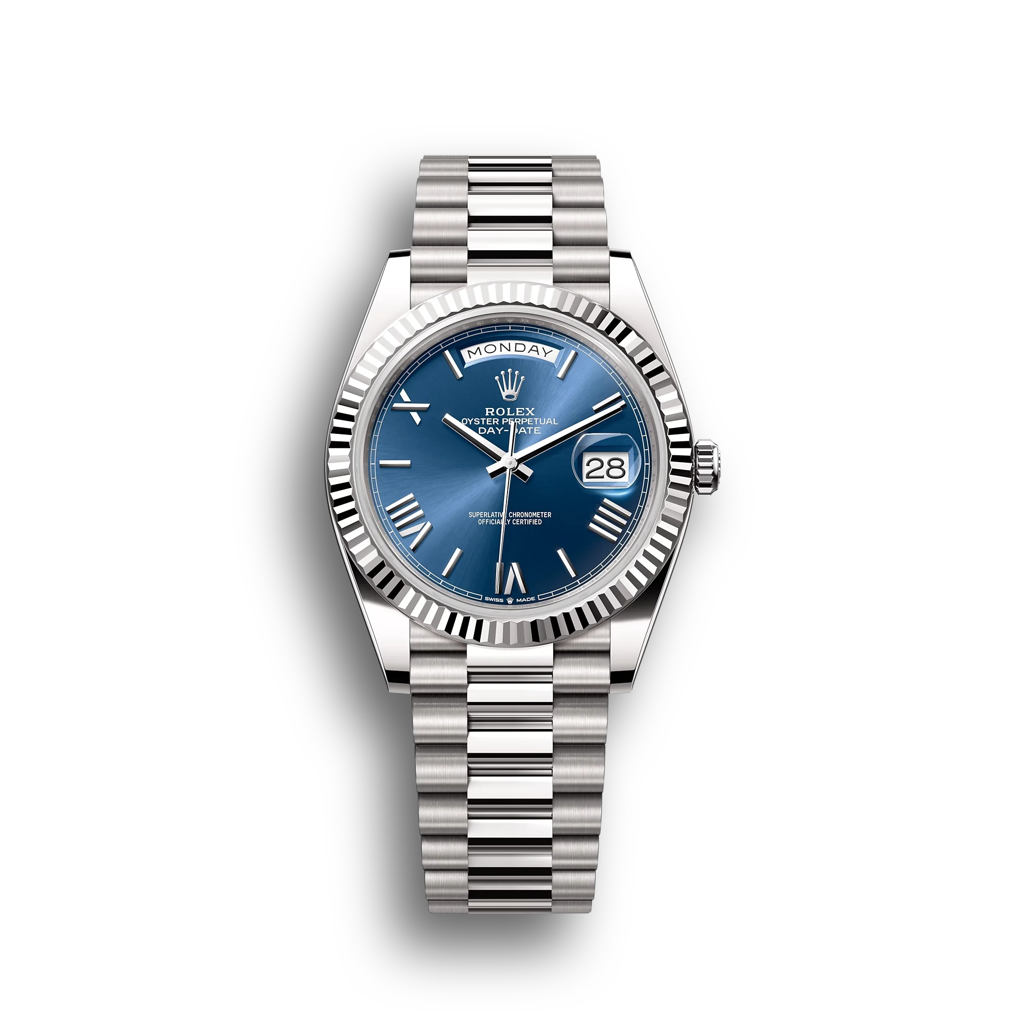 Day-Date: White gold, bright blue dial, fluted bezel, President bracelet, m228239-0007