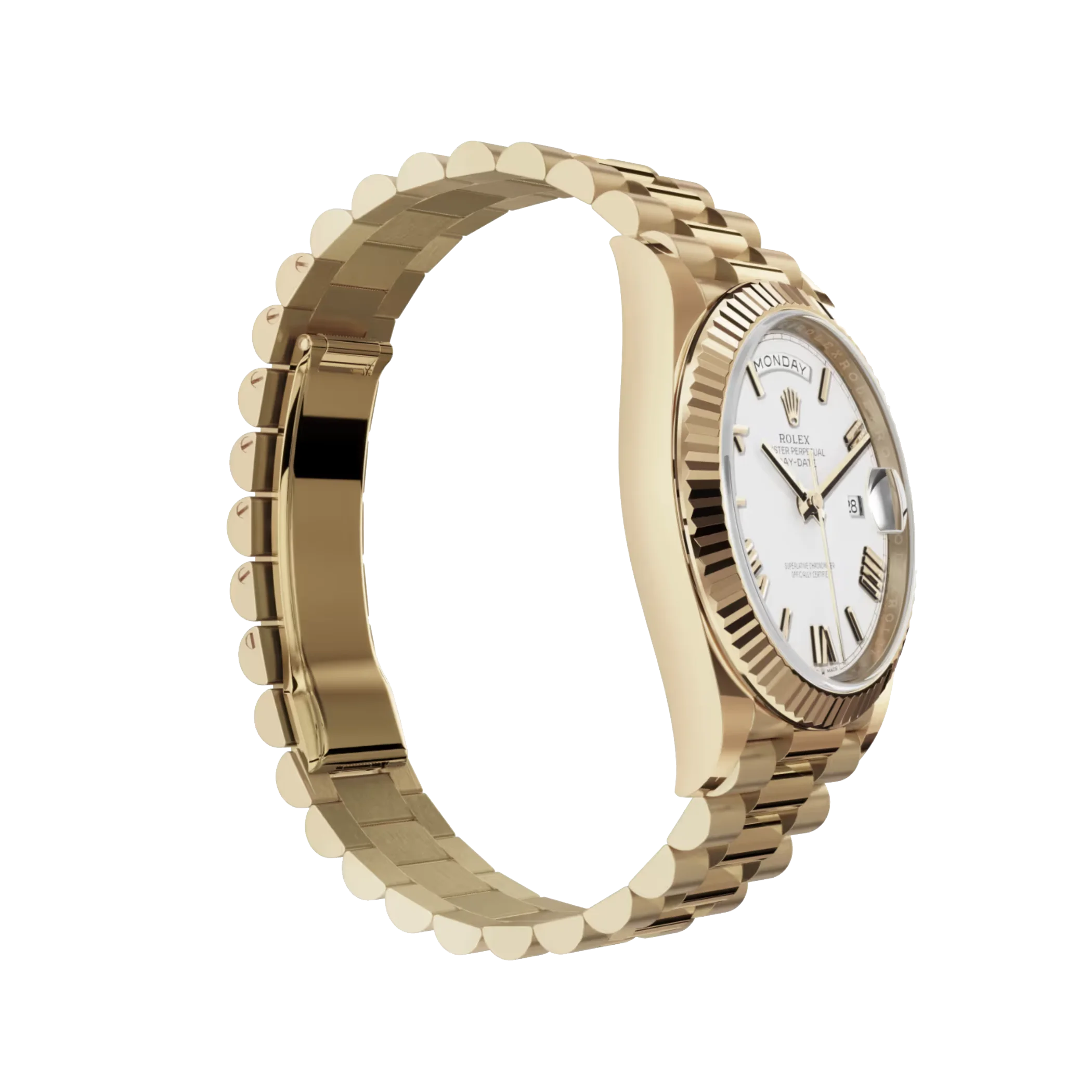 Day-Date: yellow gold with a white dial, fluted bezel and a President bracelet, m228238-0042
