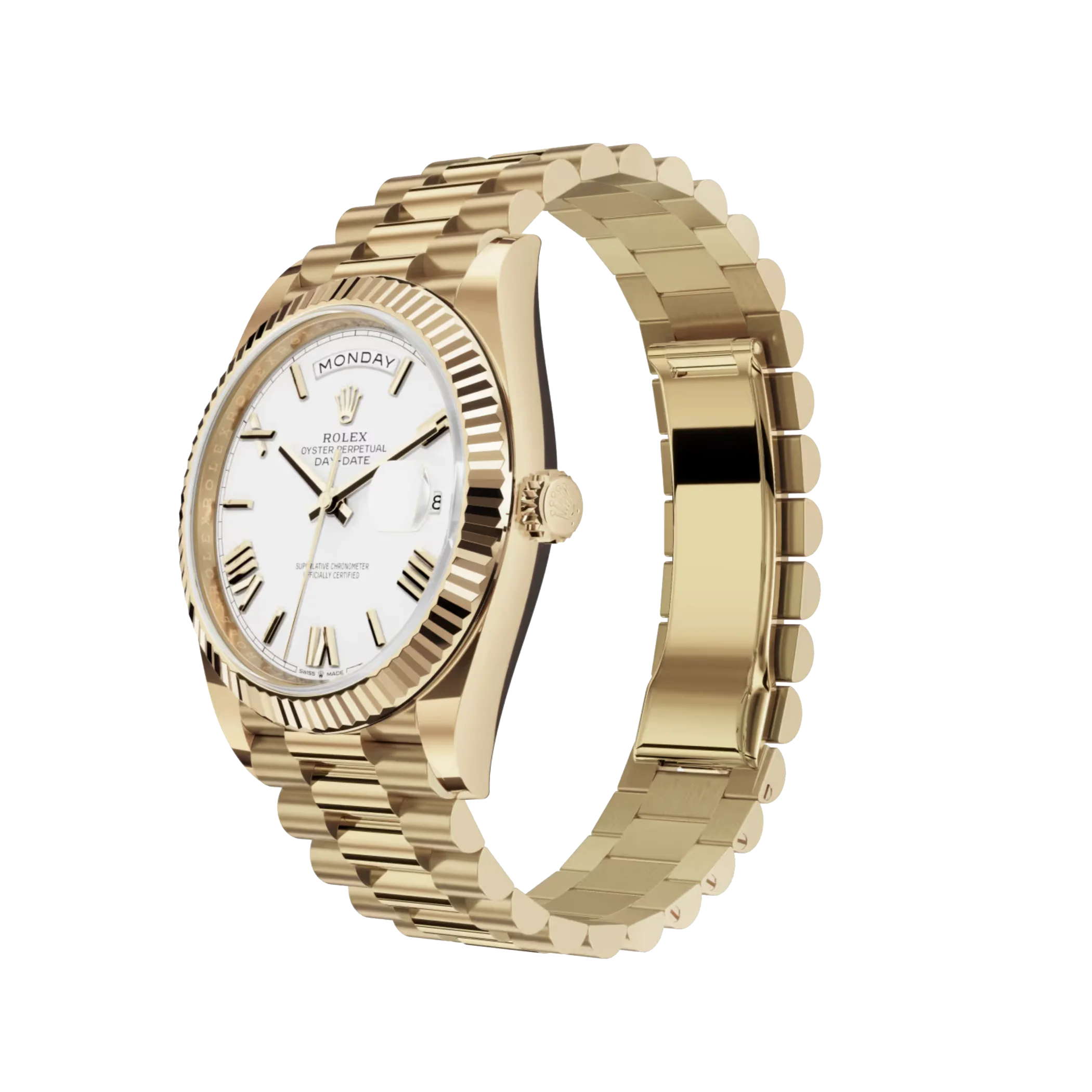 Day-Date: Yellow gold, white dial, fluted bezel, President bracelet, m128238-0076