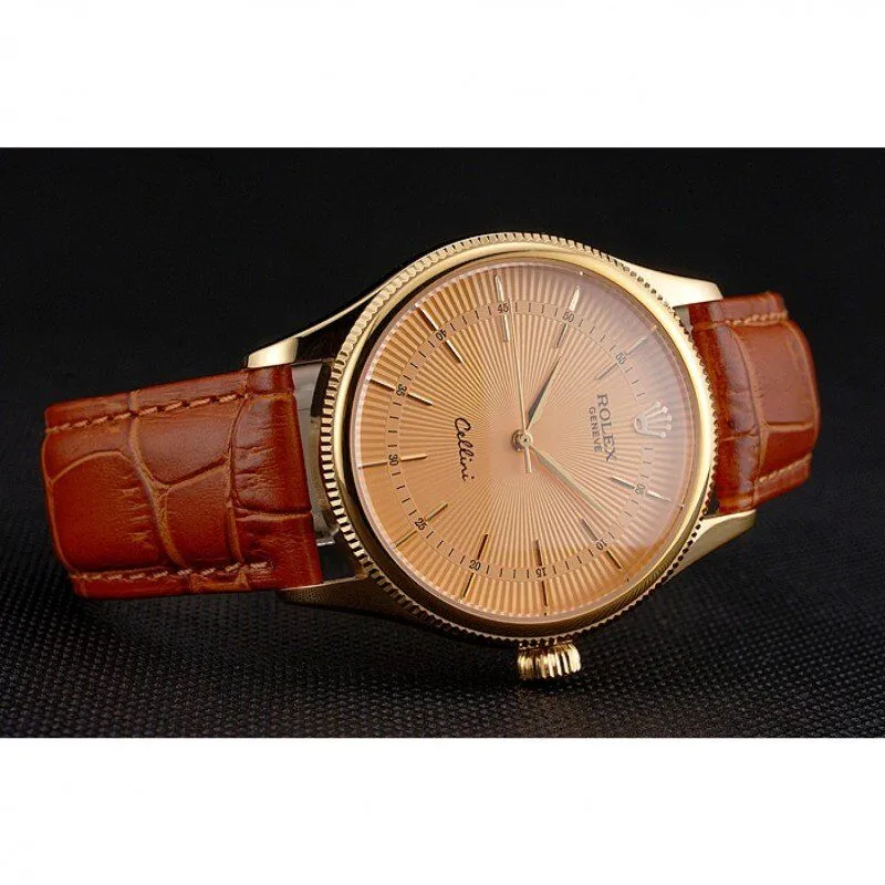 Swiss Cellini Gold Dial And Markings Gold Case Light Brown Leather Strap