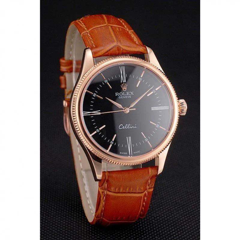 Swiss Cellini Black Dial Roman Numerals Rose Gold Case Light Brown Leather Strap