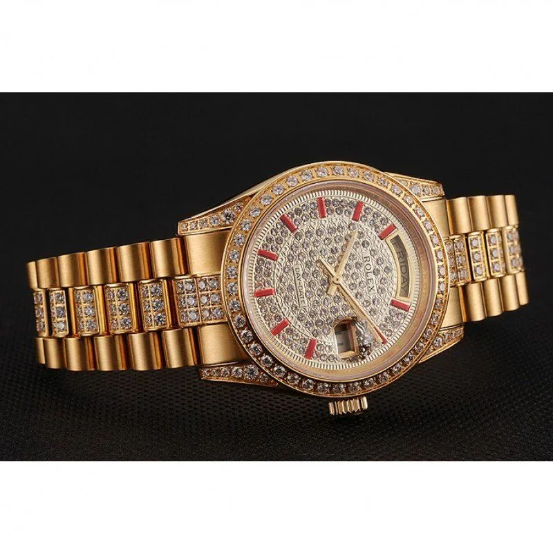 Swiss Day-Date Red Diamond Pave Dial Gold Diamond Bracelet 1453960