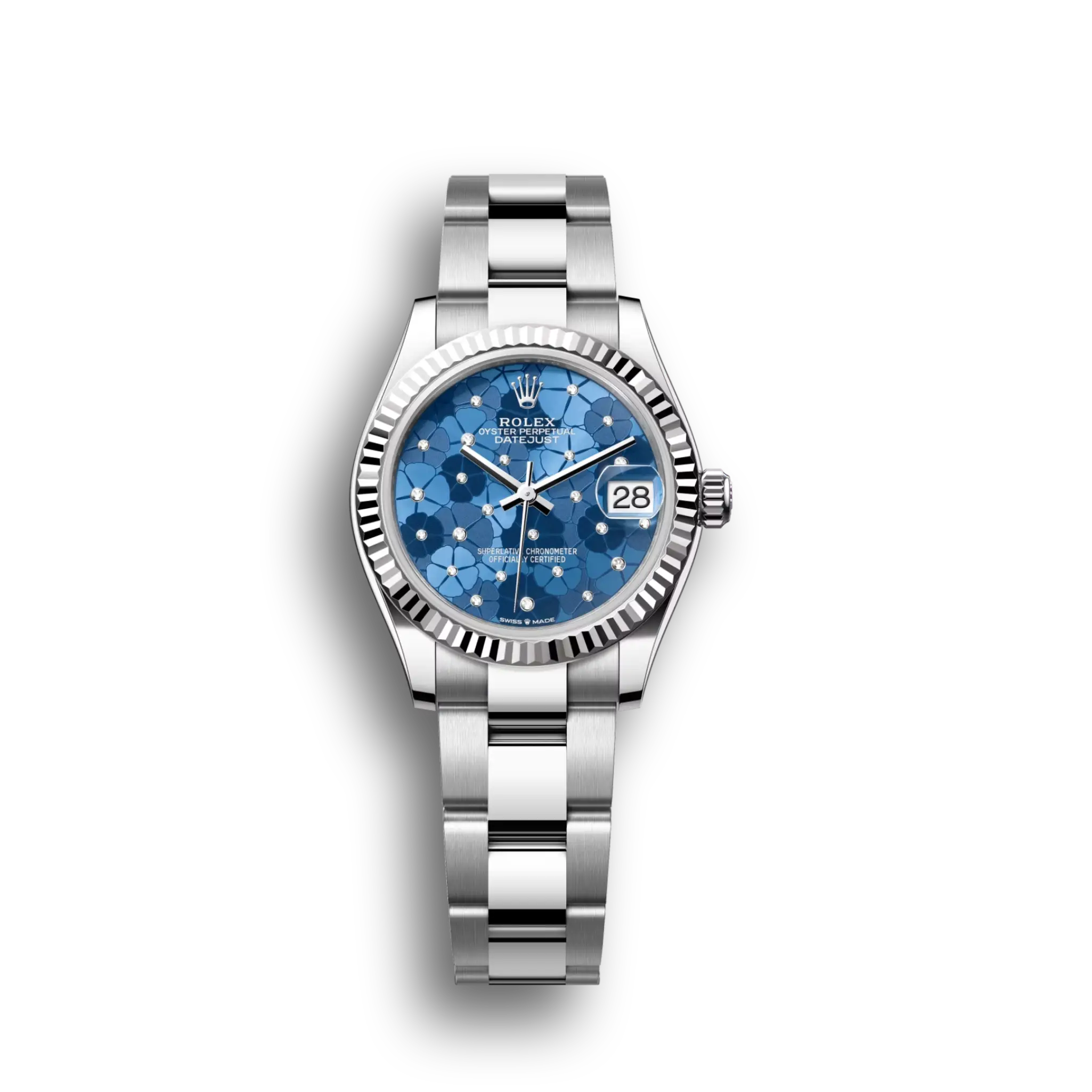 Datejust: Oystersteel and white gold, azzurro-blue floral-motif, diamond-set, m278274-0035