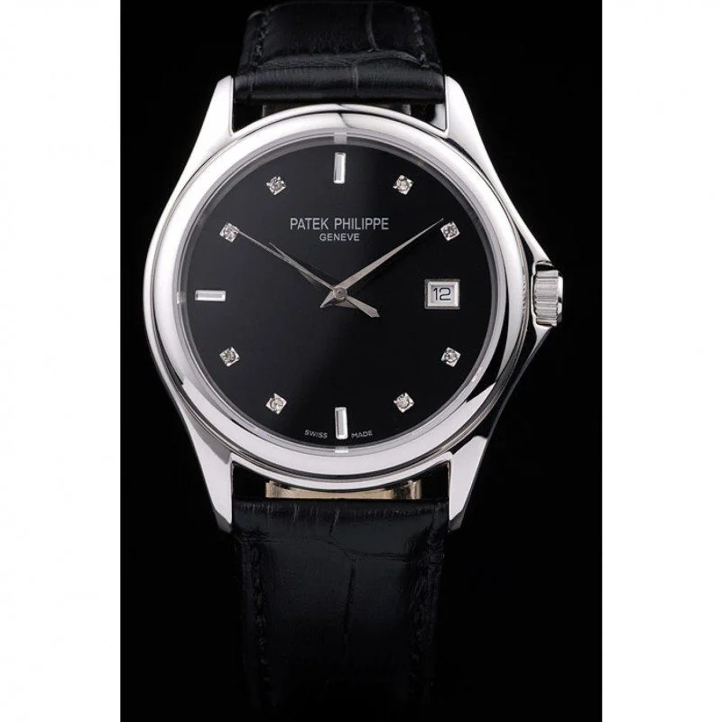 Geneve Calatrava Crystal Studded Dial Black 38 mm, Stainless Steel
