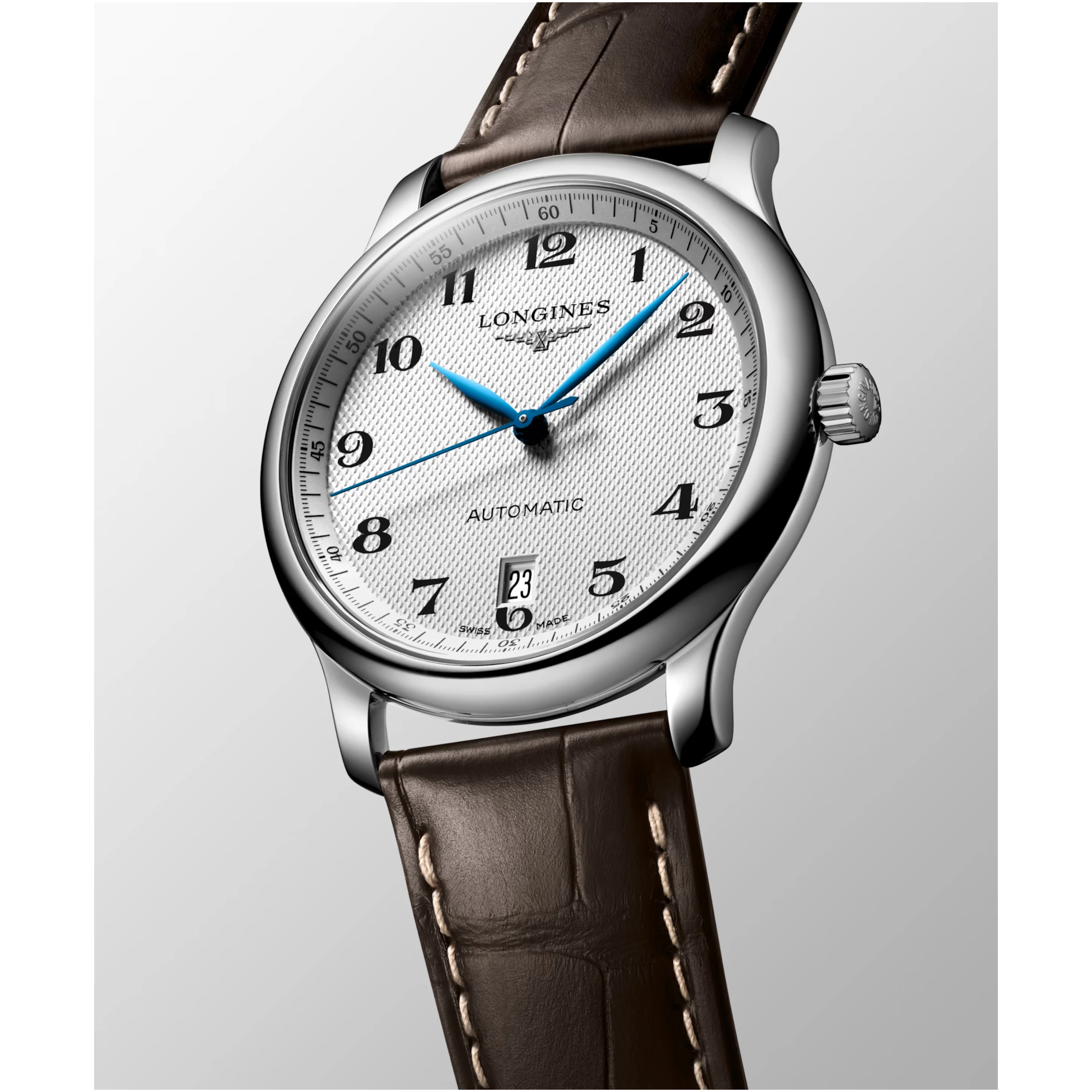 Master 38MM Automatic Silver Date Window Brown Alligator Watch L26284783