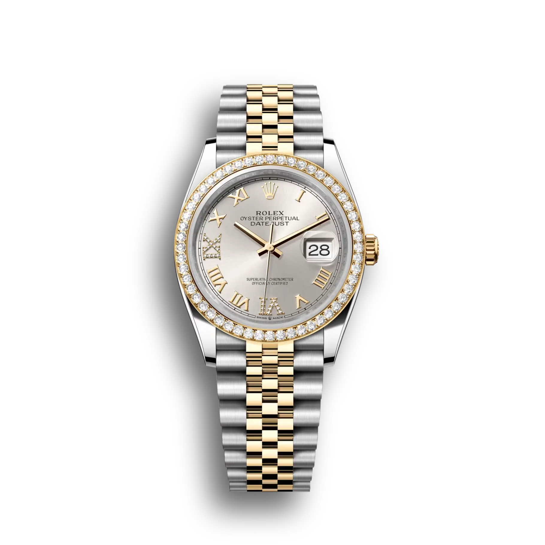 Datejust: Oystersteel and yellow gold, silver, diamond-set, m126283rbr-0017