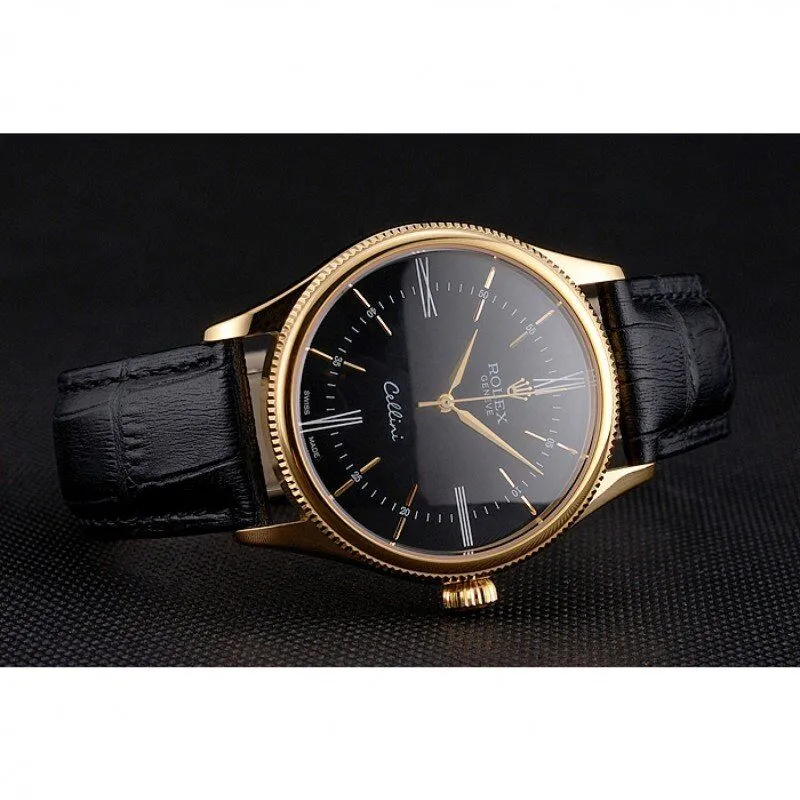 Swiss Cellini Black Dial Roman Numerals Gold Case Black Leather Strap