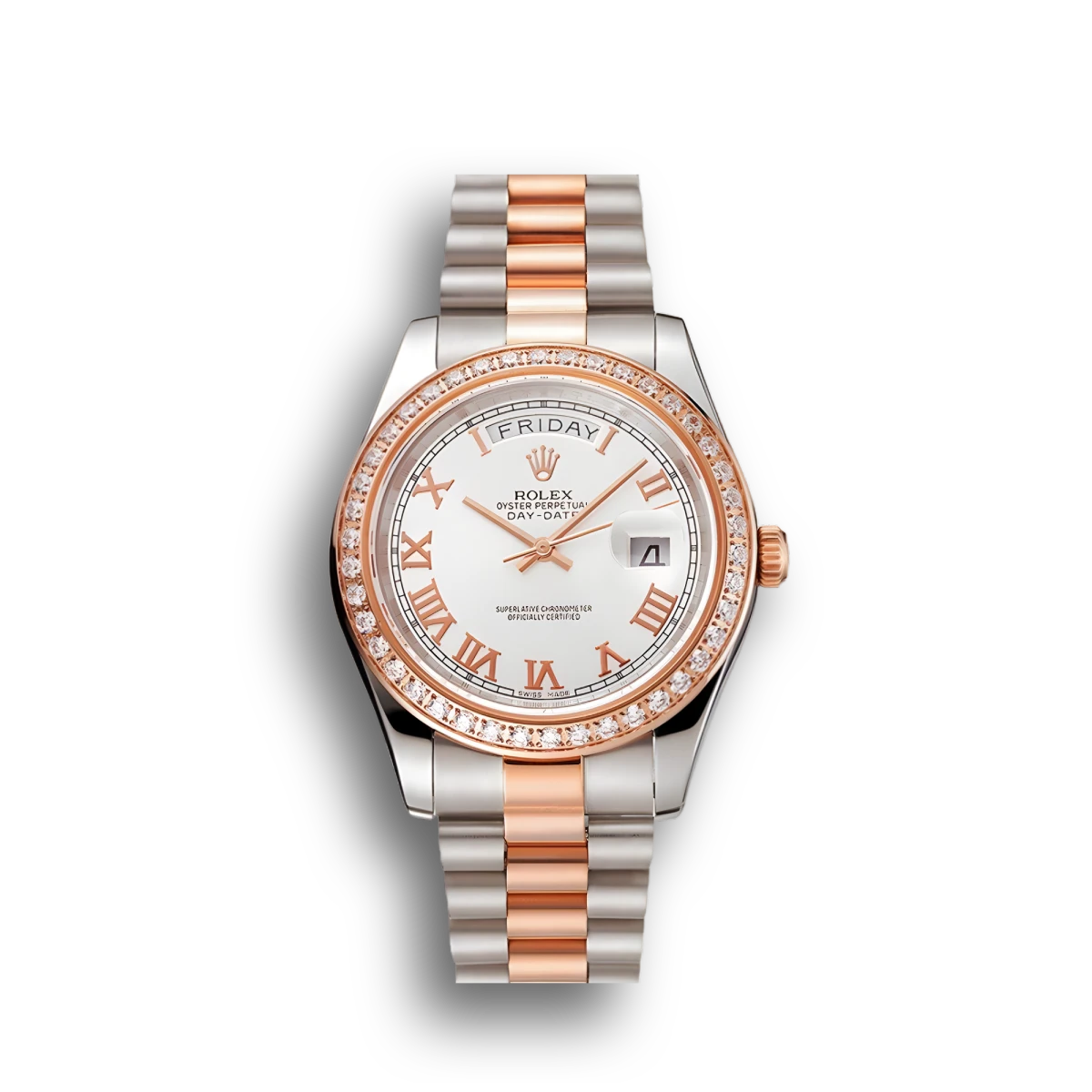 Swiss Day-Date Diamonds Bezel White Dial Rose Gold And Staineless Steel Bracelet 1454108