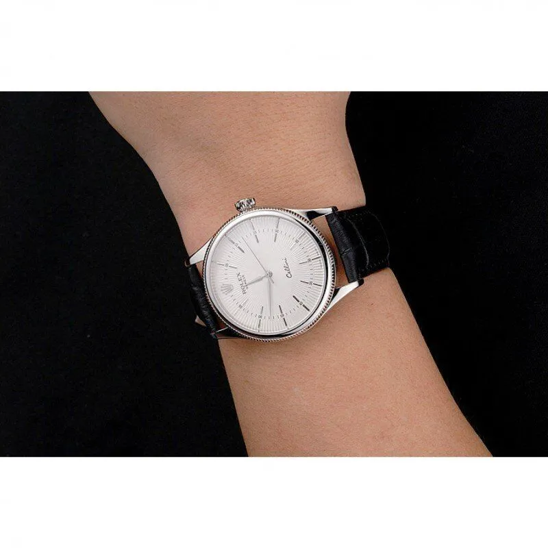 Swiss Cellini White Guilloche Dial Stainless Steel Case Black Leather Strap