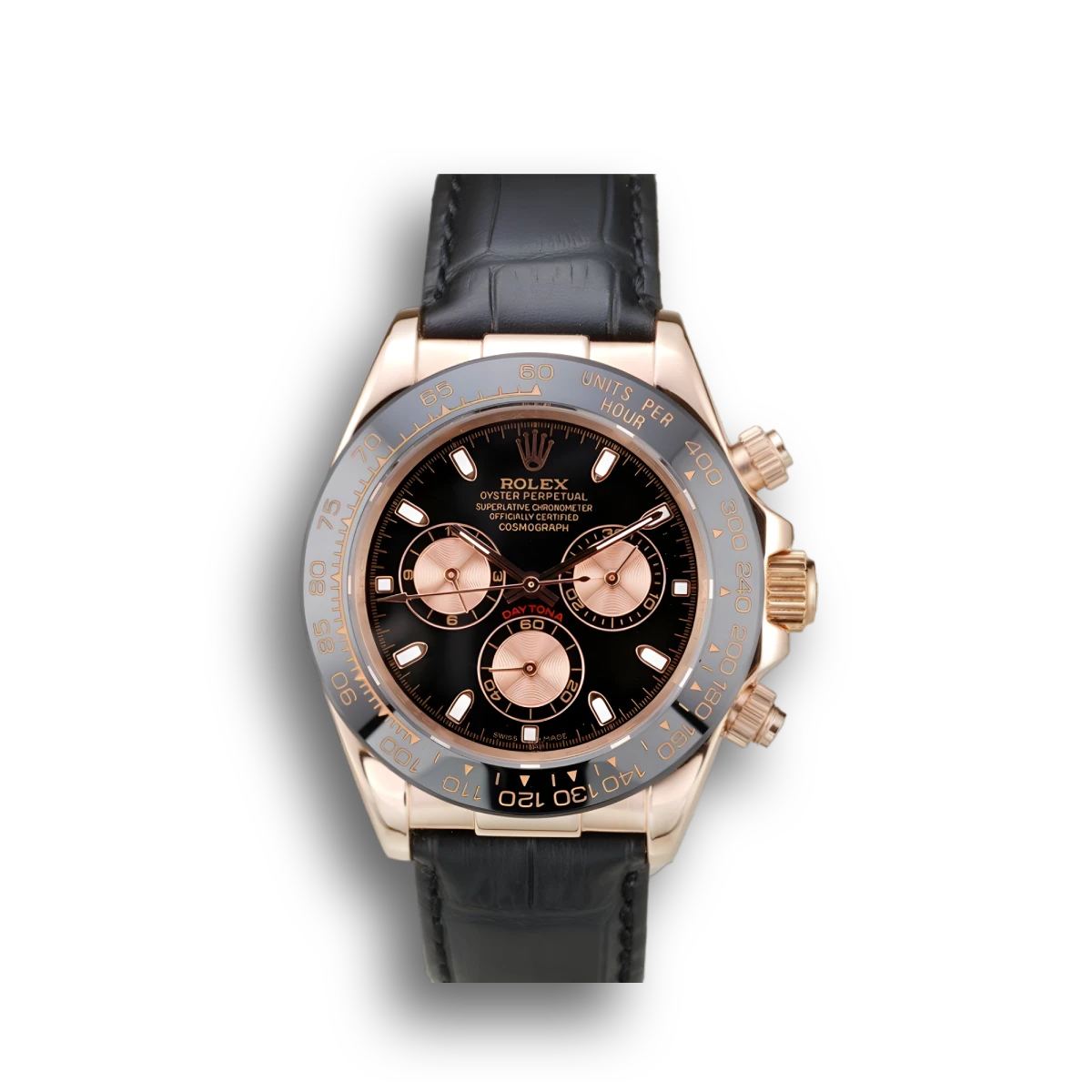 Daytona Rose Gold Case Black Dial Black Leather Strap