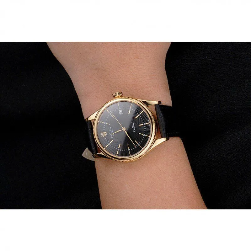 Cellini Date Black Dial Gold Case Black Leather Strap