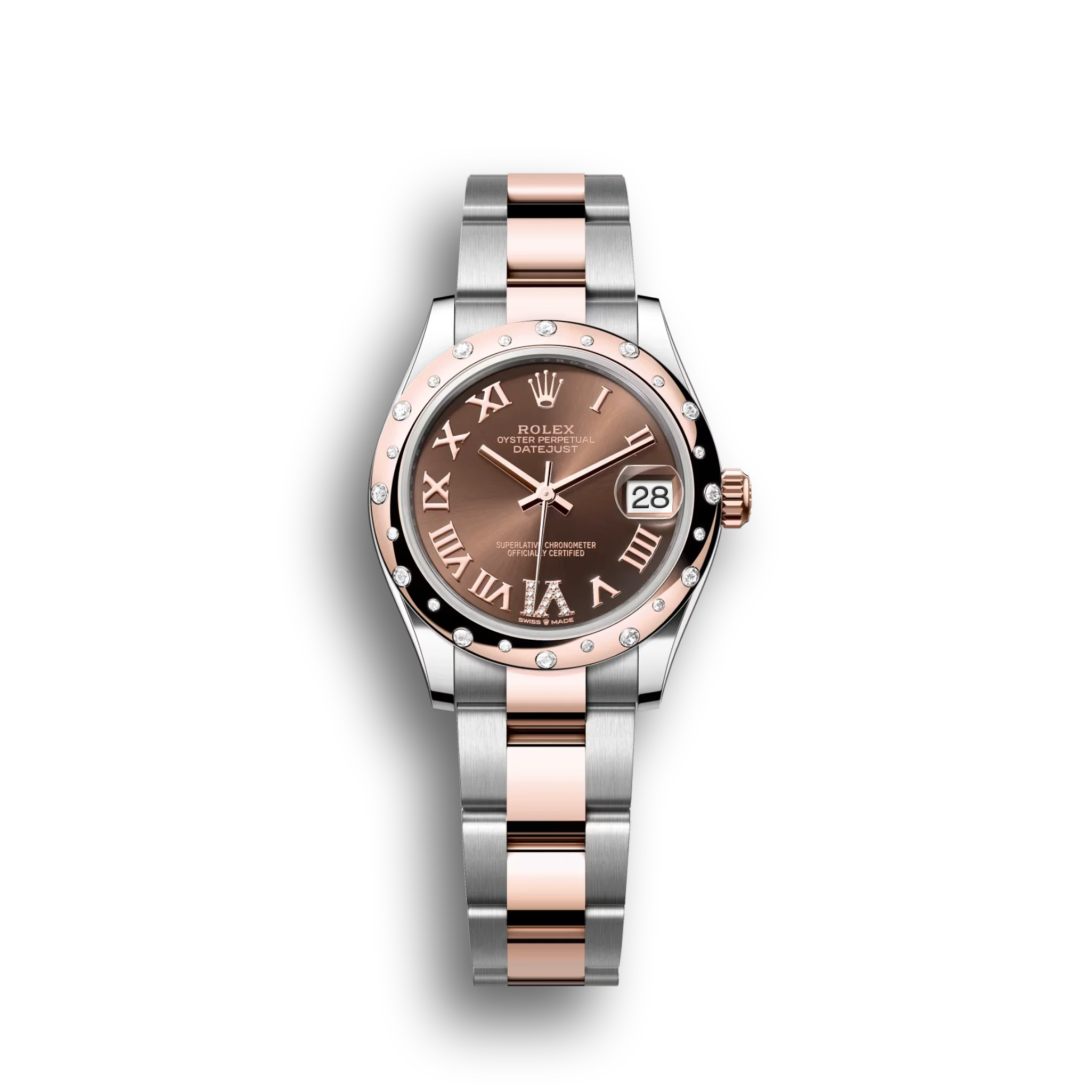 Datejust: Oystersteel and Everose gold, chocolate, diamond-set dial, Oyster bracelet, m278341rbr-0003