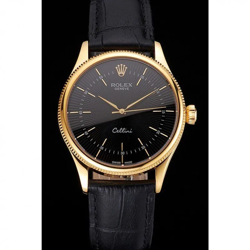 Swiss Cellini Black Dial Gold Markings Gold Case Black Leather Strap