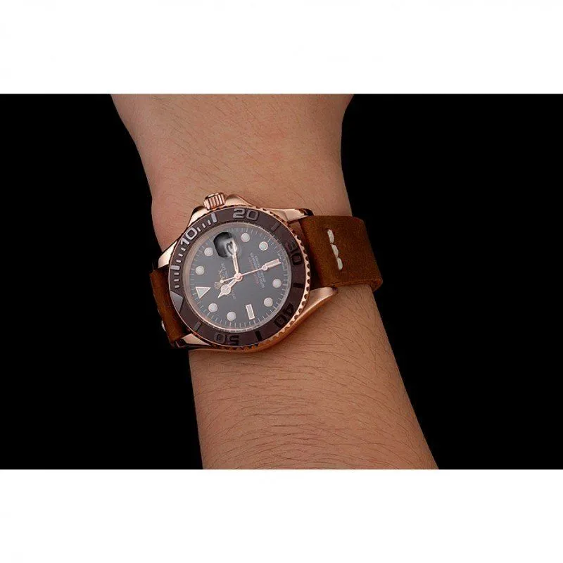 Yacht-Master Black Dial Brown Bezel Rose Gold Case Brown Leather Bracelet 1453860
