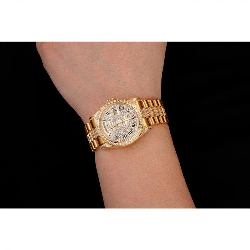 Swiss Day-Date Diamond Pave Dial Gold Diamond Bracelet 1453956