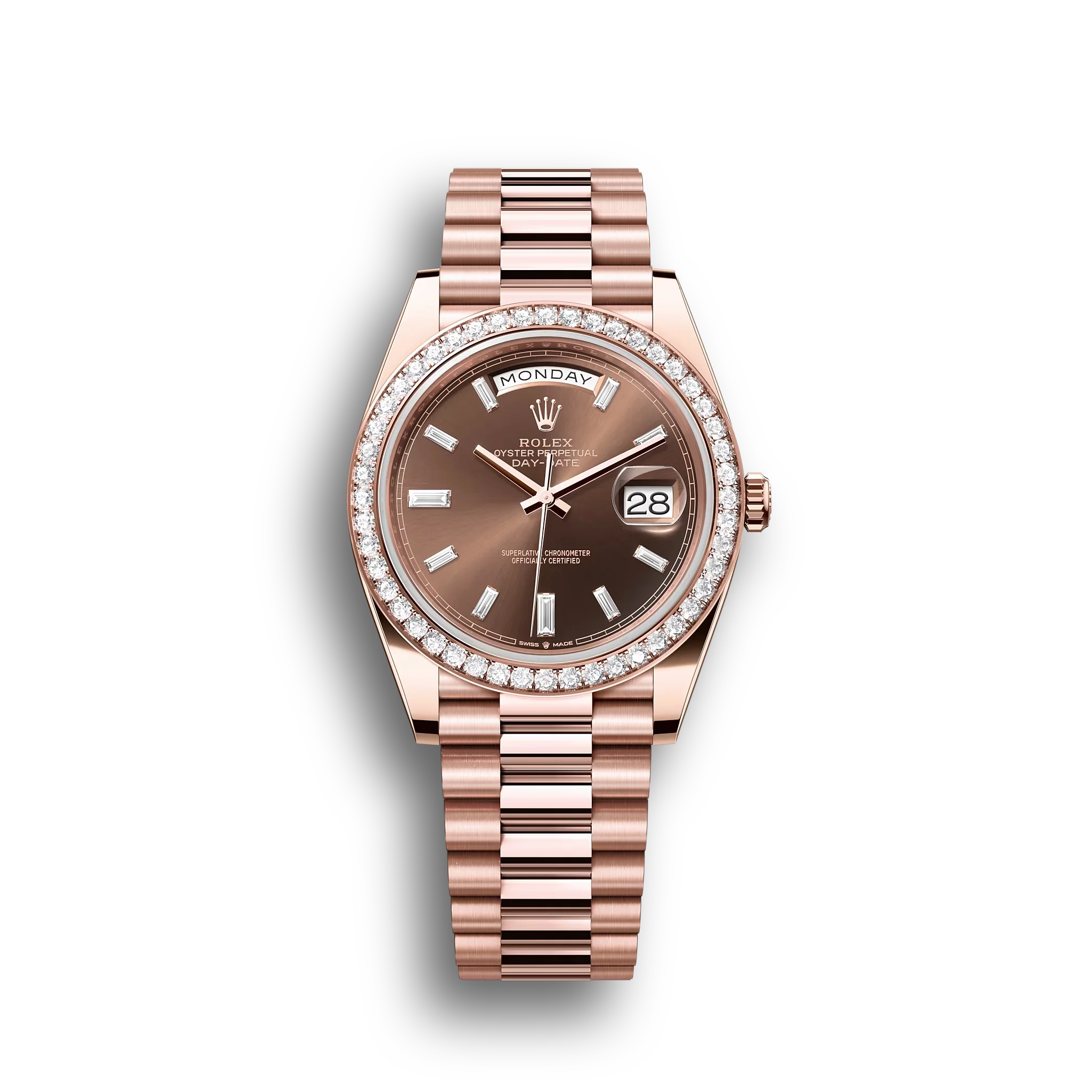 Day-Date: Everose gold, chocolate, diamond-set dial, diamond-set bezel, President bracelet, m228345rbr-0006