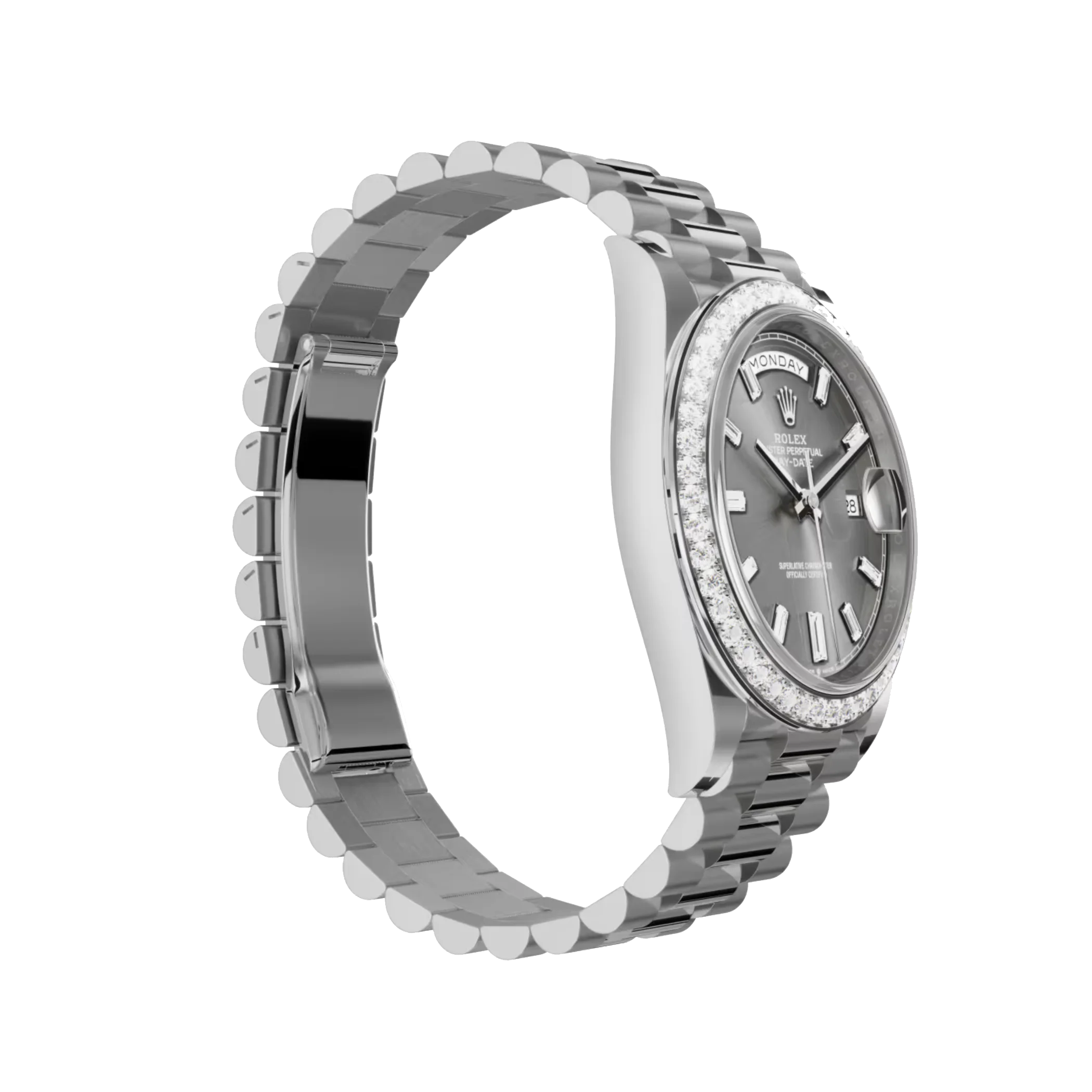 Day-Date: white gold, with a bright black, diamond-set dial, diamond-set bezel and a President bracelet, m228349rbr-0003