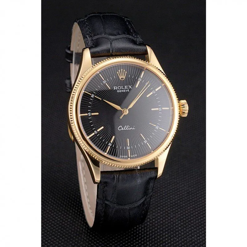 Swiss Cellini Black Dial Gold Markings Gold Case Black Leather Strap