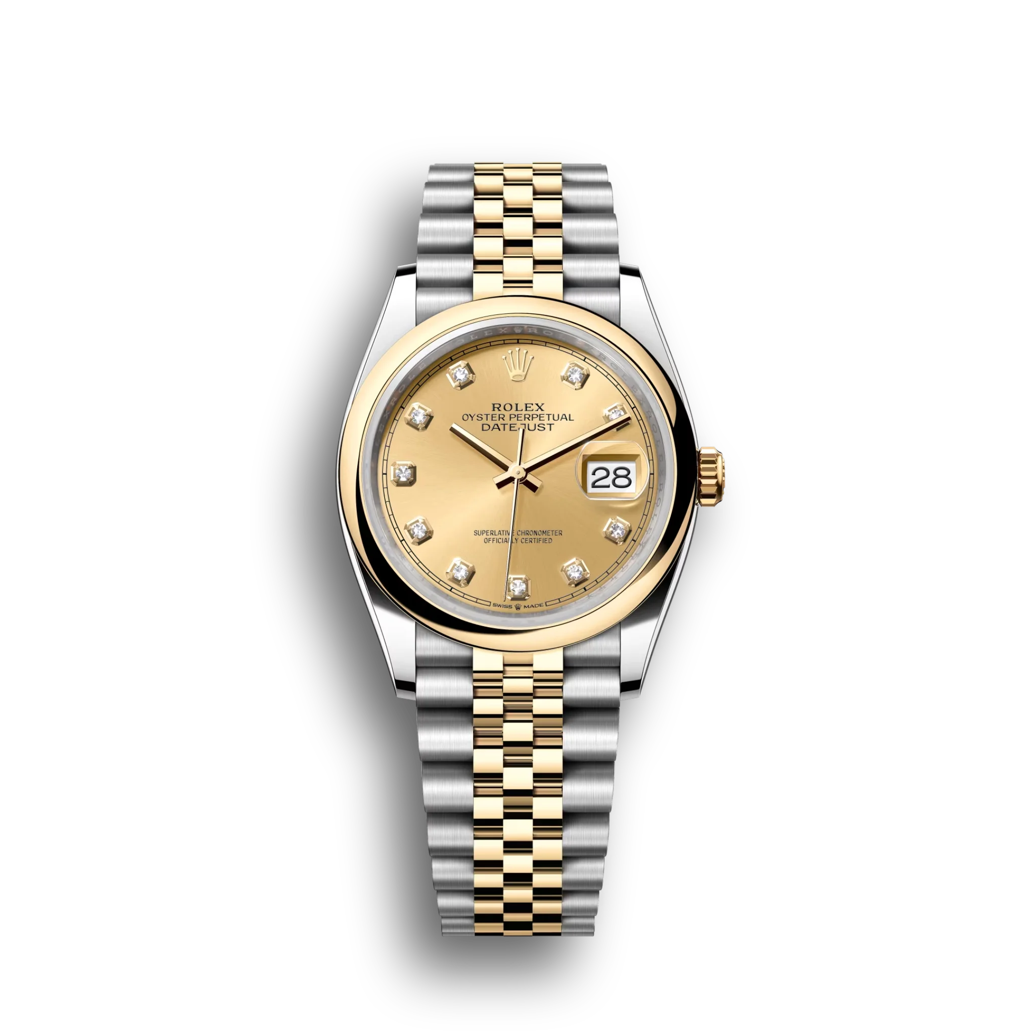 Datejust: Oystersteel and yellow gold, champagne colour, diamond-set dial, Jubilee bracelet, m126203-0017