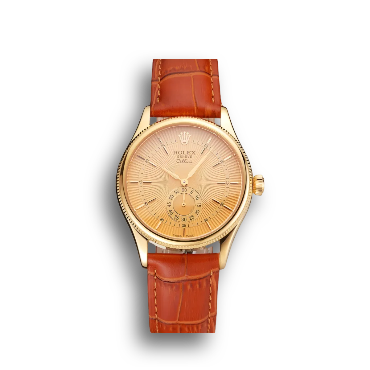 Swiss Cellini Gold Dial And Markings Gold Case Light Brown Leather Strap