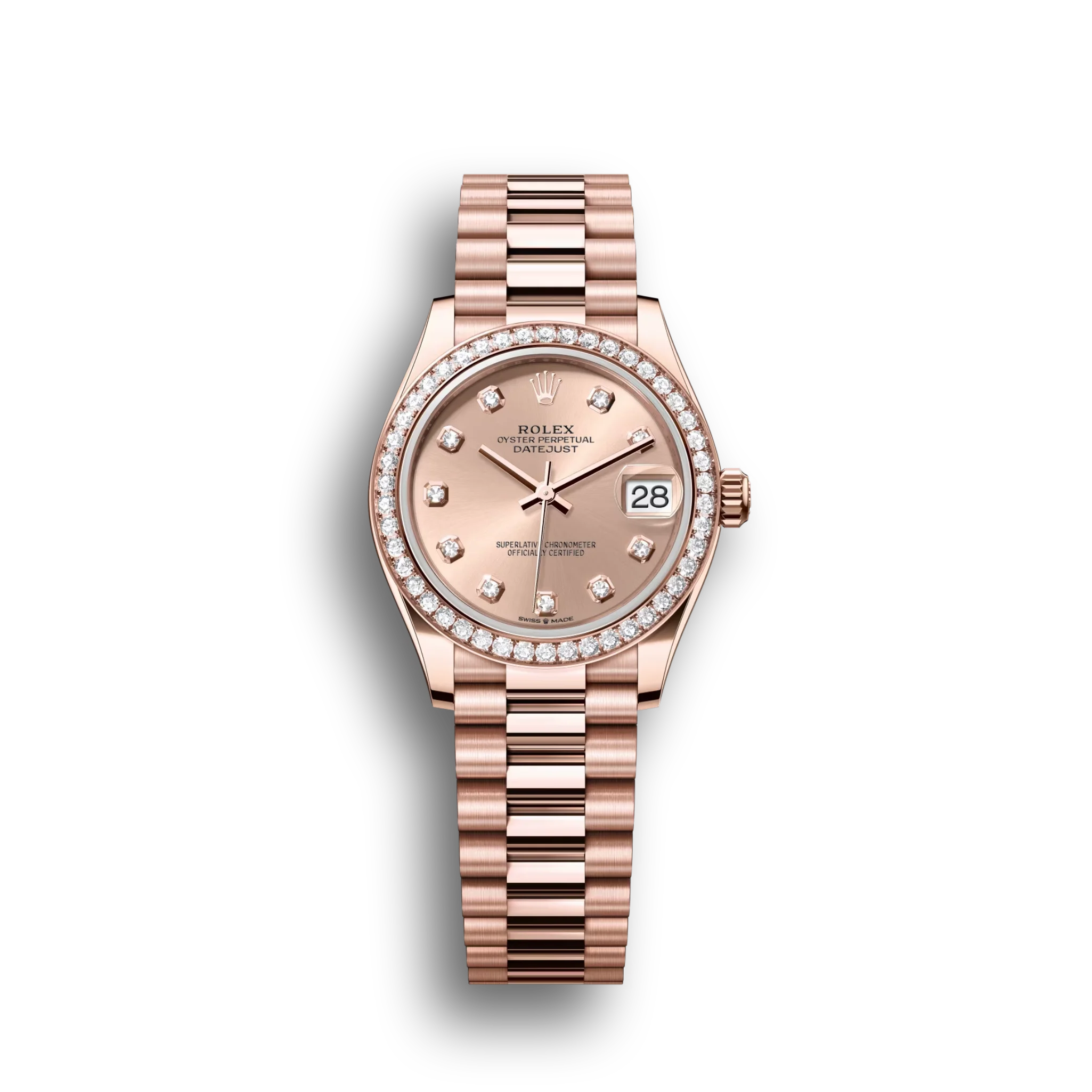 Datejust: Everose gold, rosé colour, diamond-set dial, President bracelet, m278285rbr-0025
