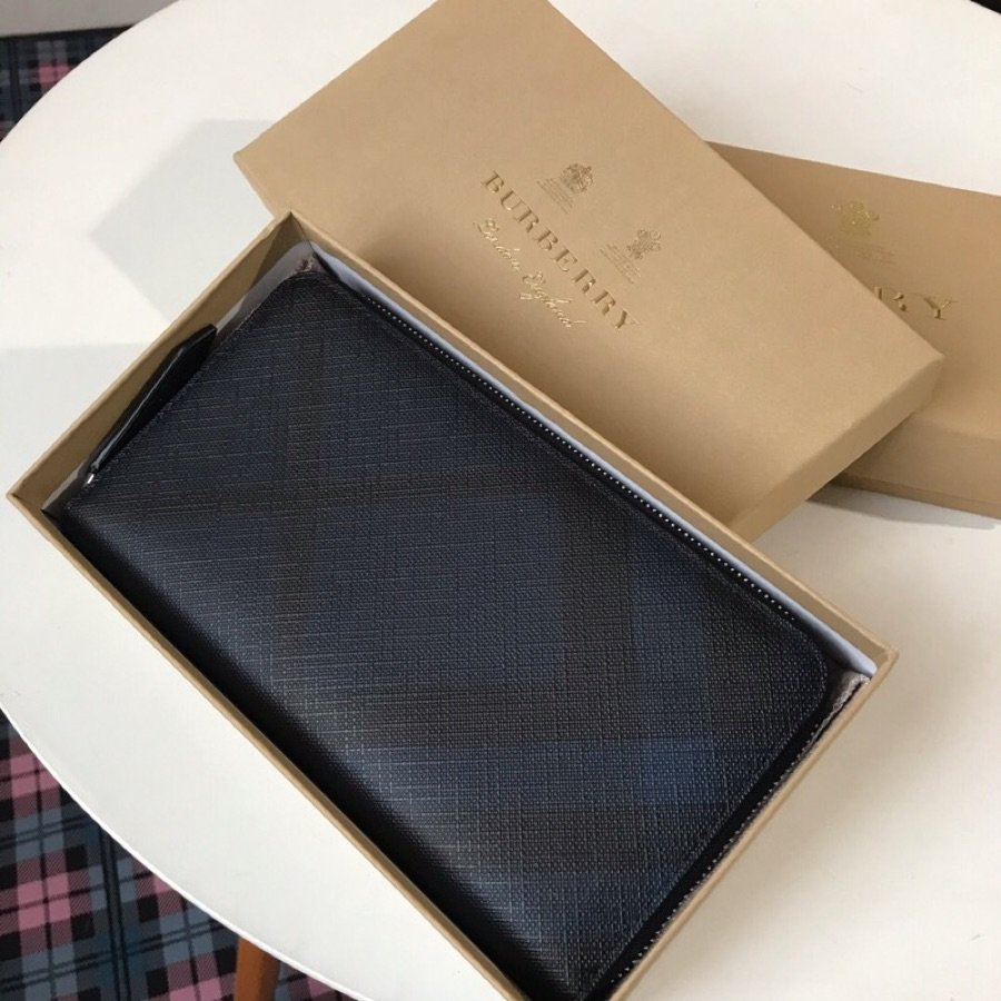 Burberry Men London Check and Leather Ziparound Wallet Blue